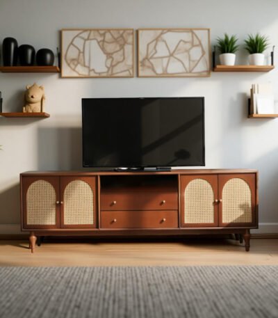 "Modexa handcrafted Sheesham wooden TV unit with arched cane doors, drawers, and open shelf – Wooden Slice"