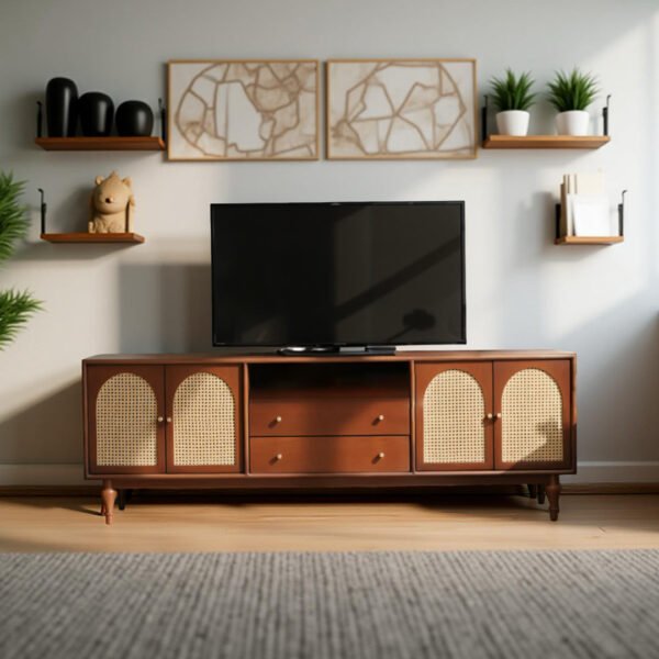 "Modexa handcrafted Sheesham wooden TV unit with arched cane doors, drawers, and open shelf – Wooden Slice"