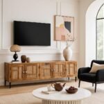 Large handcrafted Sheesham wood TV cabinet with multiple cane doors and black metal knobs