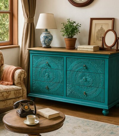"Bold turquoise Sheesham wood chest of drawers with detailed handcarved mandala patterns and ball legs"