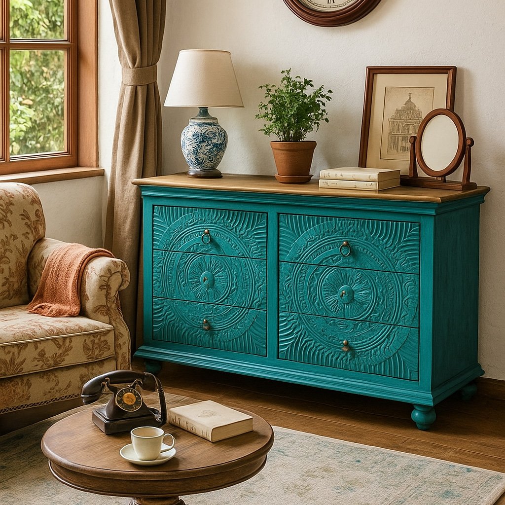 "Bold turquoise Sheesham wood chest of drawers with detailed handcarved mandala patterns and ball legs"