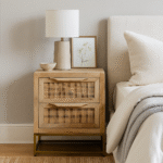 BedBuddy bedside table made of solid wood with dual rattan drawers and brass base