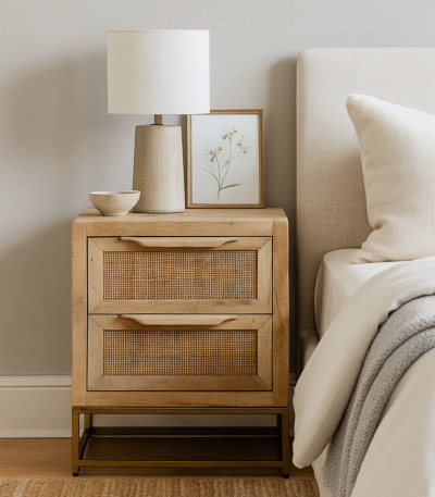 BedBuddy bedside table made of solid wood with dual rattan drawers and brass base