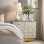 Contemporary Sheesham wood chest of drawers with intricate bone inlay design and gold base accent