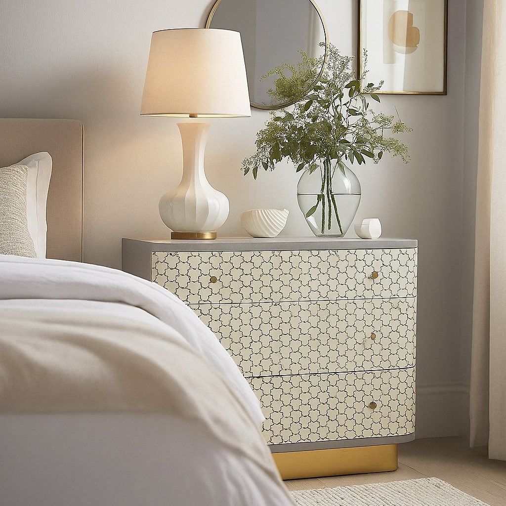 Contemporary Sheesham wood chest of drawers with intricate bone inlay design and gold base accent
