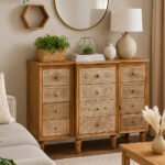 Handcarved Sheesham wood sideboard cabinet with intricate drawer designs in a cozy modern living room setup
