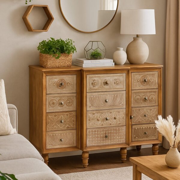 Handcarved Sheesham wood sideboard cabinet with intricate drawer designs in a cozy modern living room setup