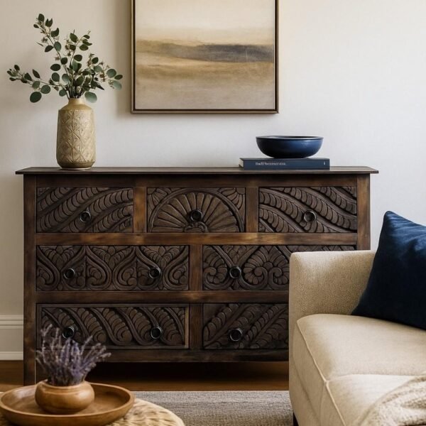 Dark wooden dresser with intricate carvings, featuring a vintage design and spacious drawers for ample storage.