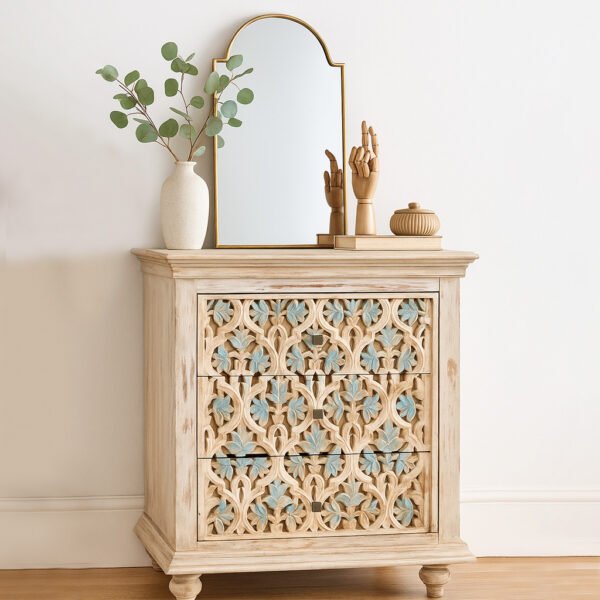 TimberTrove Carved Sheesham Wood Chest of Drawers | Rustic Green Floral Accent Table-Wooden Slice