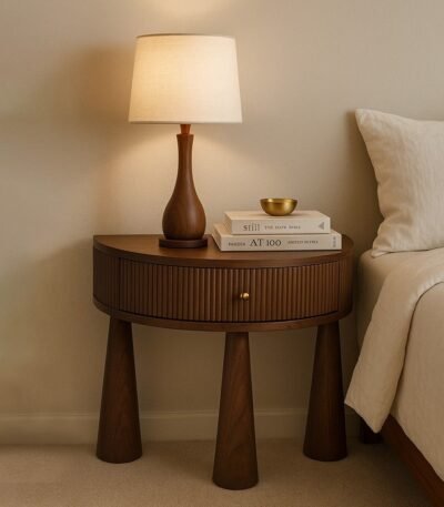 CozyEdge curved sheesham wood bedside table with fluted design and brass knob