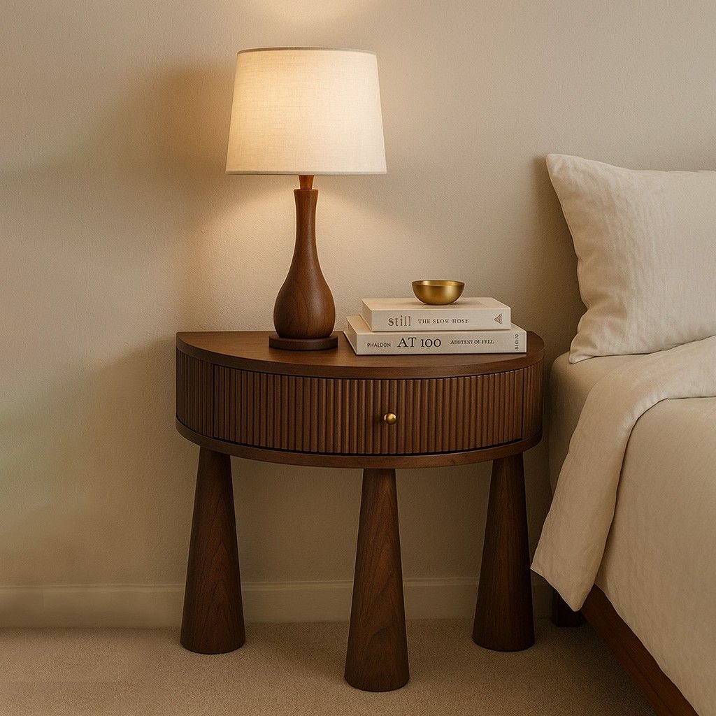 CozyEdge curved sheesham wood bedside table with fluted design and brass knob