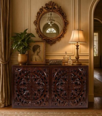 Dark wood sideboard with ornate hand-carved circular floral doors.