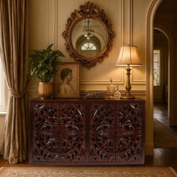 Dark wood sideboard with ornate hand-carved circular floral doors.