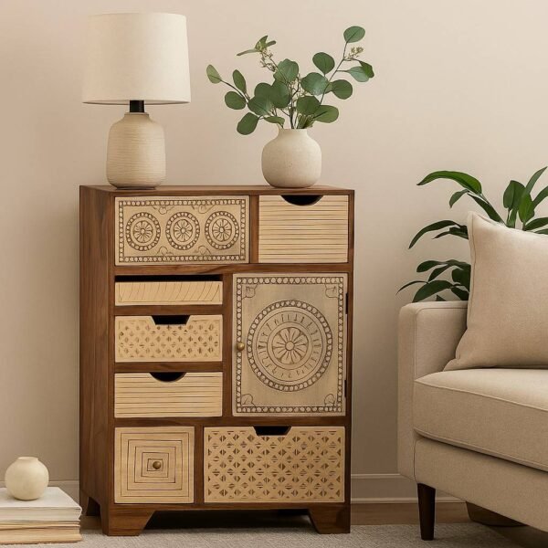 Eclectic multi-drawer wooden cabinet with hand-carved floral and geometric patterns