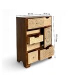 Eclectic multi-drawer wooden cabinet with hand-carved floral and geometric patterns