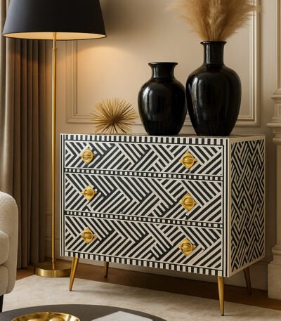 Eldora chest of drawers made from premium Sheesham wood with deep carved detailing
