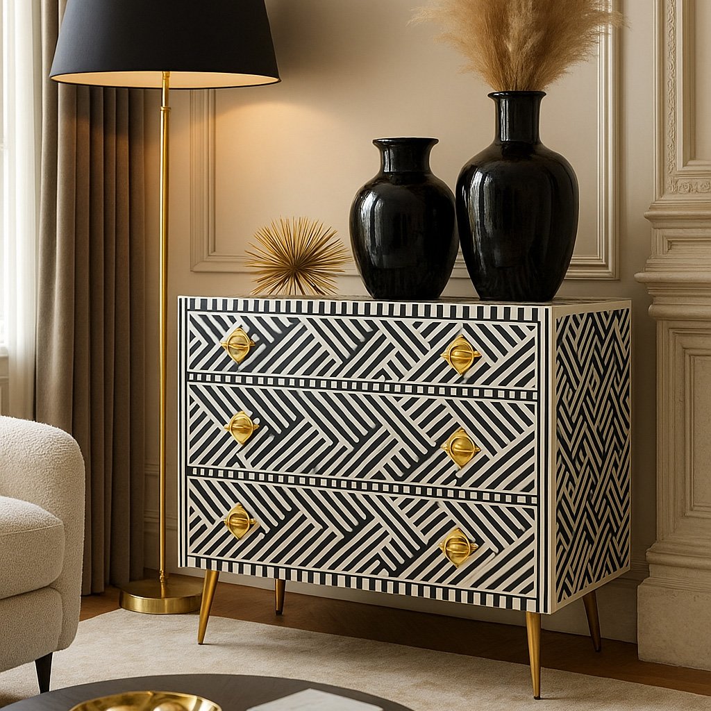 Eldora chest of drawers made from premium Sheesham wood with deep carved detailing