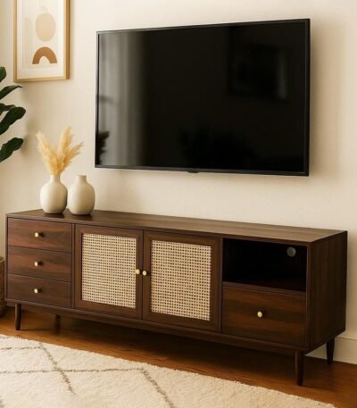 Modern dark wood TV unit with cane cabinet doors, brass knobs, open shelving, and drawers on both sides