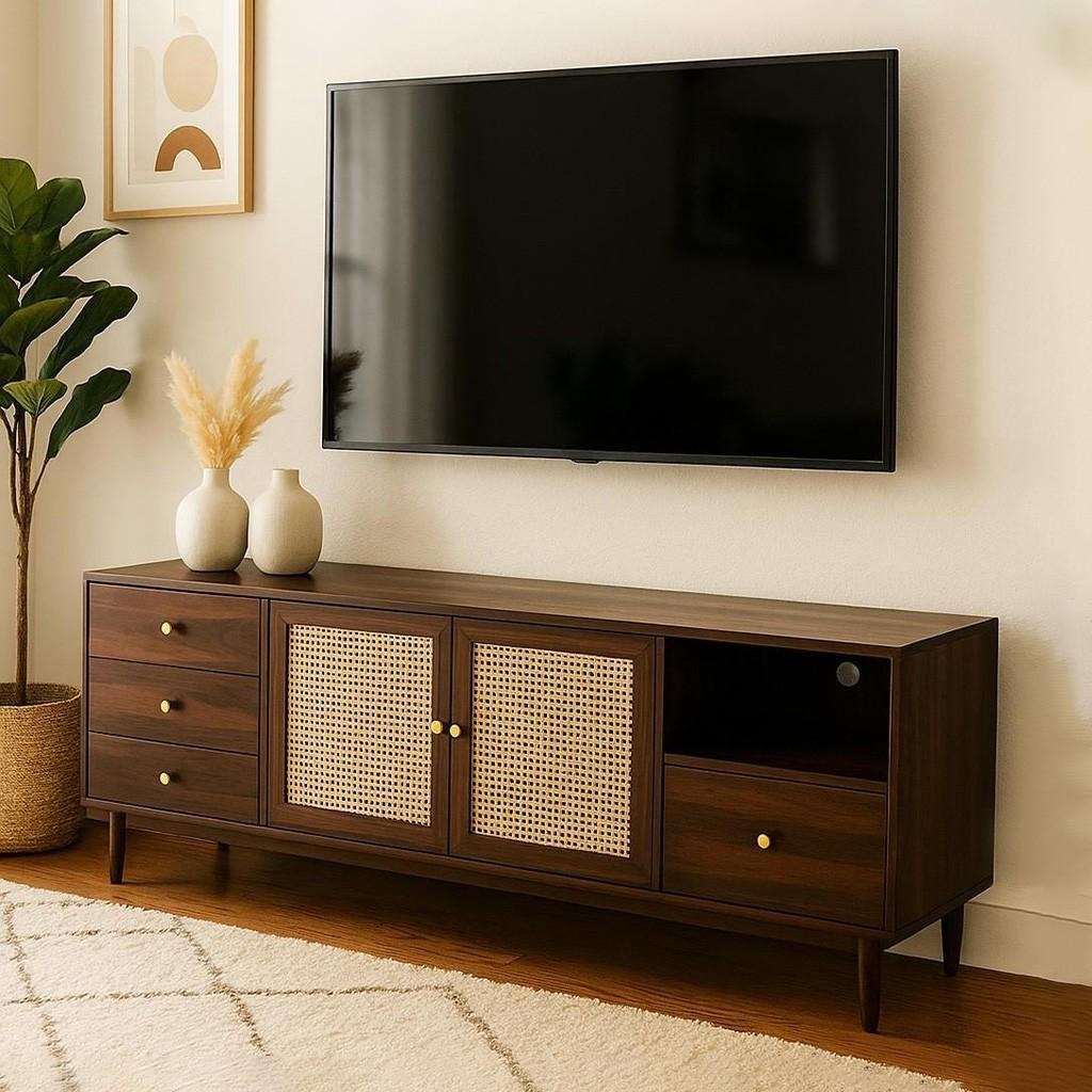 Modern dark wood TV unit with cane cabinet doors, brass knobs, open shelving, and drawers on both sides