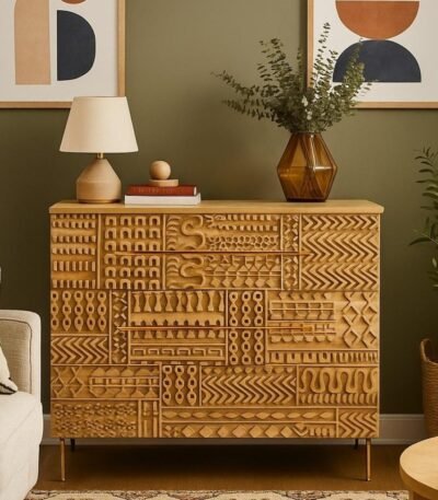 Hand-carved mango wood chest of drawers with natural finish – 6-drawer pre-assembled storage unit