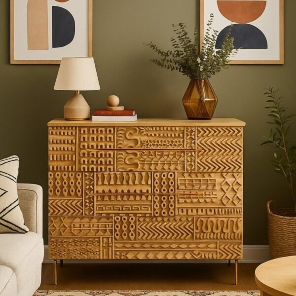 Hand-carved mango wood chest of drawers with natural finish – 6-drawer pre-assembled storage unit