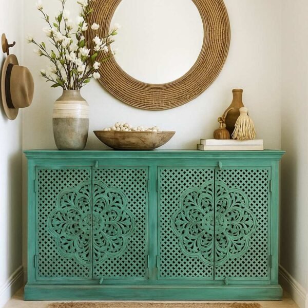 Vintage green cabinet with hand-carved floral lattice panels.