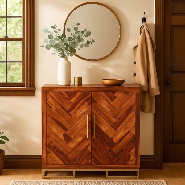 Premium handcrafted Sheesham wood shoe cabinet featuring herringbone pattern and metallic gold base