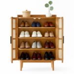 Modern handcrafted Sheesham wood shoe cabinet with rattan woven doors and elegant natural finish