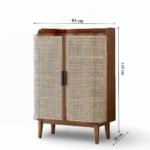 Modern handcrafted Sheesham wood shoe cabinet with rattan woven doors and elegant natural finish