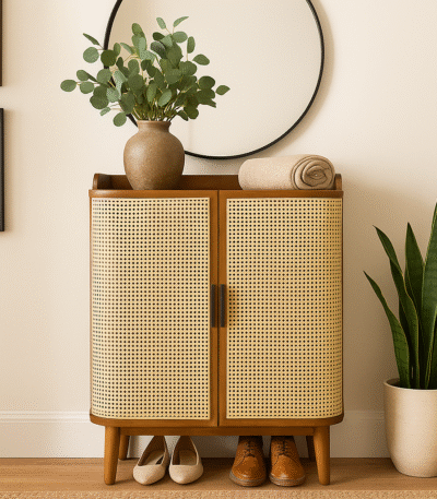 Modern handcrafted Sheesham wood shoe cabinet with rattan woven doors and elegant natural finish