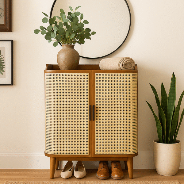 Modern handcrafted Sheesham wood shoe cabinet with rattan woven doors and elegant natural finish
