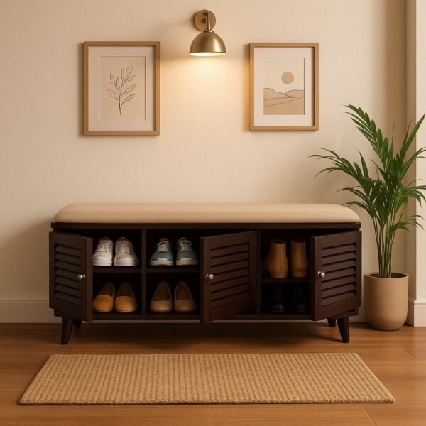 Handcrafted Sheesham wood shoe rack with cushioned seating and slatted door design for ventilated shoe storage