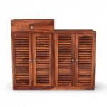 Sheesham wood handcrafted shoe rack with drawer and louvered doors for organized footwear storage