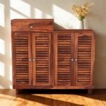 Sheesham wood handcrafted shoe rack with drawer and louvered doors for organized footwear storage