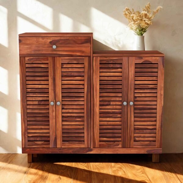 Sheesham wood handcrafted shoe rack with drawer and louvered doors for organized footwear storage
