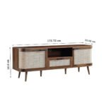 handcrafted Sheesham wooden TV unit in walnut finish with cane doors, open shelf, and drawer – mid-century style entertainment console