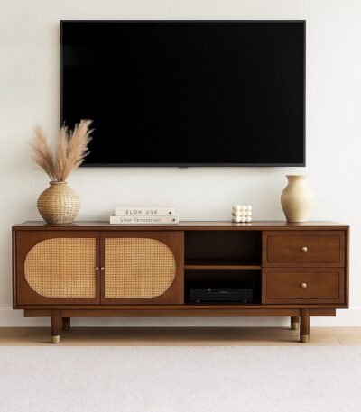 "Luxora handcrafted Sheesham wood TV unit with natural grain, drawers, and open shelf – Wooden Slice