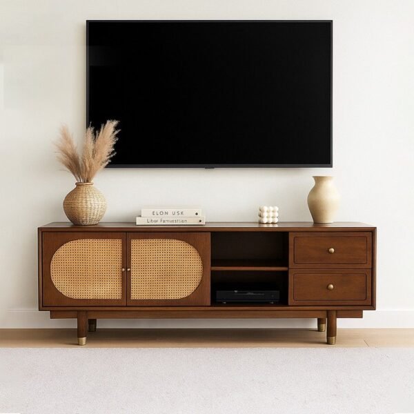 "Luxora handcrafted Sheesham wood TV unit with natural grain, drawers, and open shelf – Wooden Slice