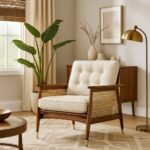Handcrafted wooden armchair with natural rattan and cushioned seat