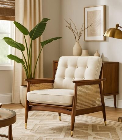 Handcrafted wooden armchair with natural rattan and cushioned seat