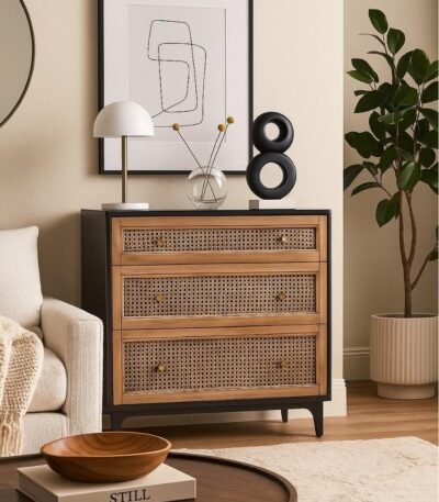 Modern three-drawer dresser with cane front and black wood finish, perfect for minimalist interiors.
