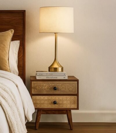 Mysa hand-carved wooden bedside table with geometric and circular patterns