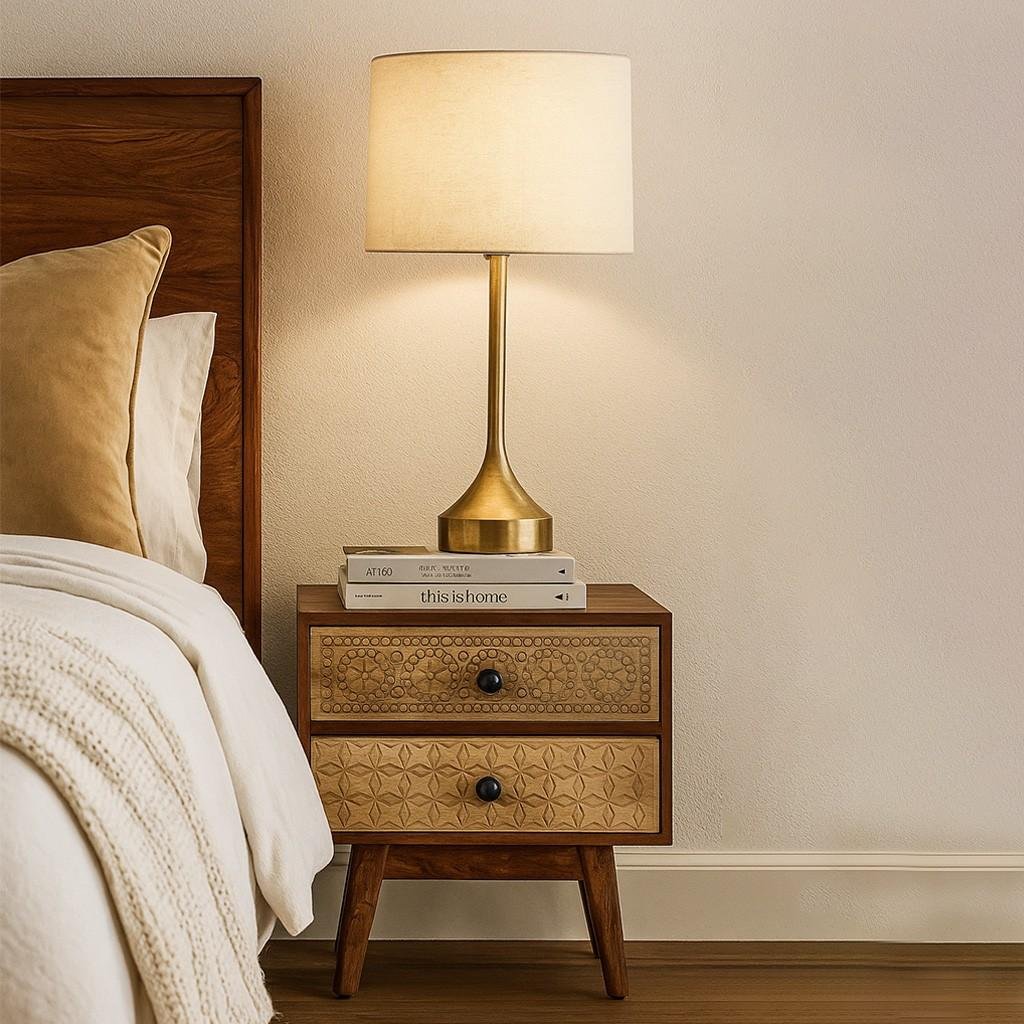 Mysa hand-carved wooden bedside table with geometric and circular patterns