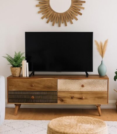 Nestova Handcrafted Sheesham Wooden TV Unit with Hand-Painted Tribal Pattern Drawers – Solid Wood TV Stand