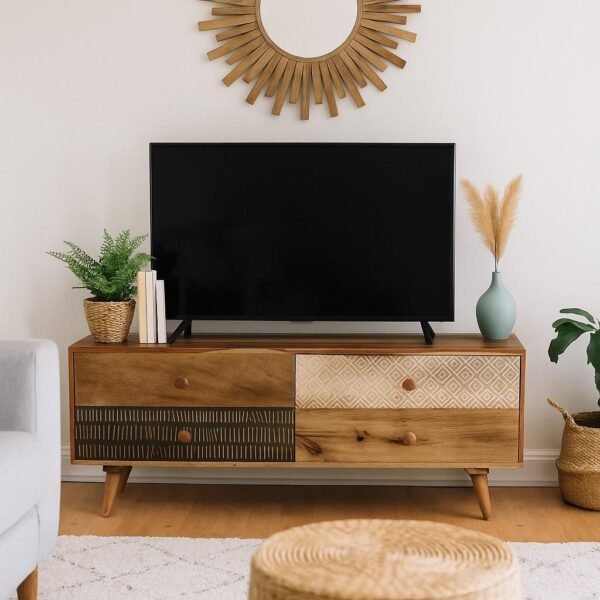 Nestova Handcrafted Sheesham Wooden TV Unit with Hand-Painted Tribal Pattern Drawers – Solid Wood TV Stand