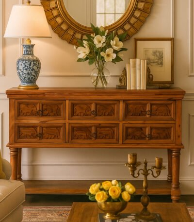 Oaklyn Sheesham wood chest of drawers featuring traditional handcarved floral designs