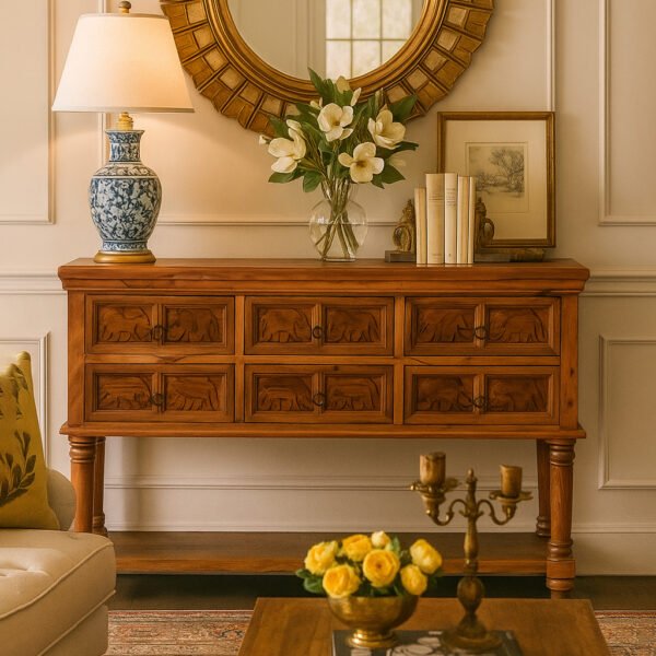 Oaklyn Sheesham wood chest of drawers featuring traditional handcarved floral designs