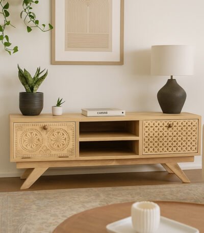 handcrafted Sheesham wooden TV unit with dual carved cabinet shutters and open center shelf in natural finish