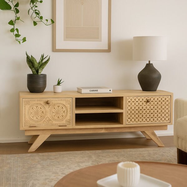 handcrafted Sheesham wooden TV unit with dual carved cabinet shutters and open center shelf in natural finish