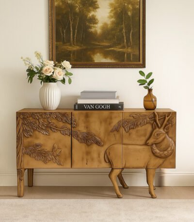Artistic handcrafted Sheesham wood console table with a sculpted deer and nature-inspired design, perfect for rustic or nature-themed decor